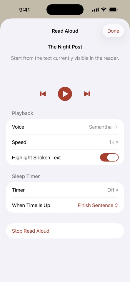 Readune Read Aloud controls with sleep timer
