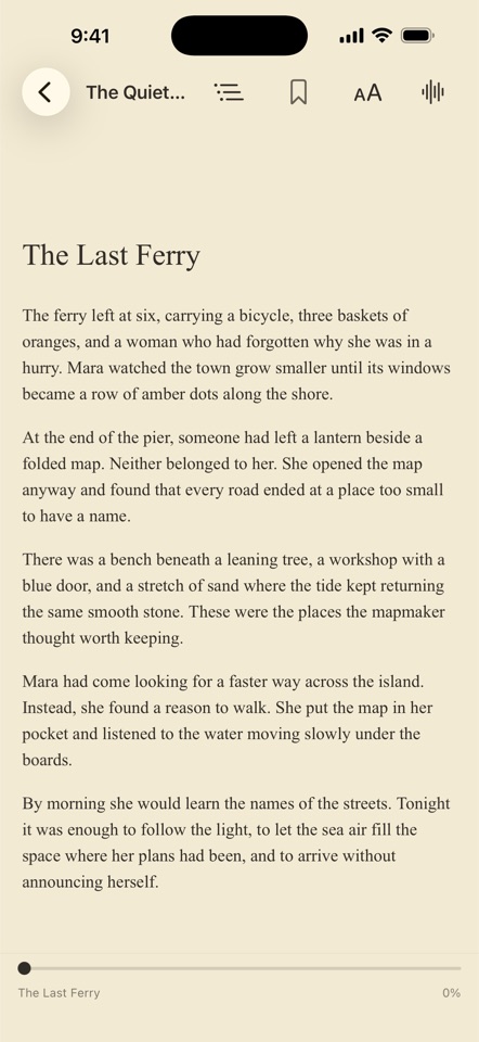 Readune reading view with warm paper theme
